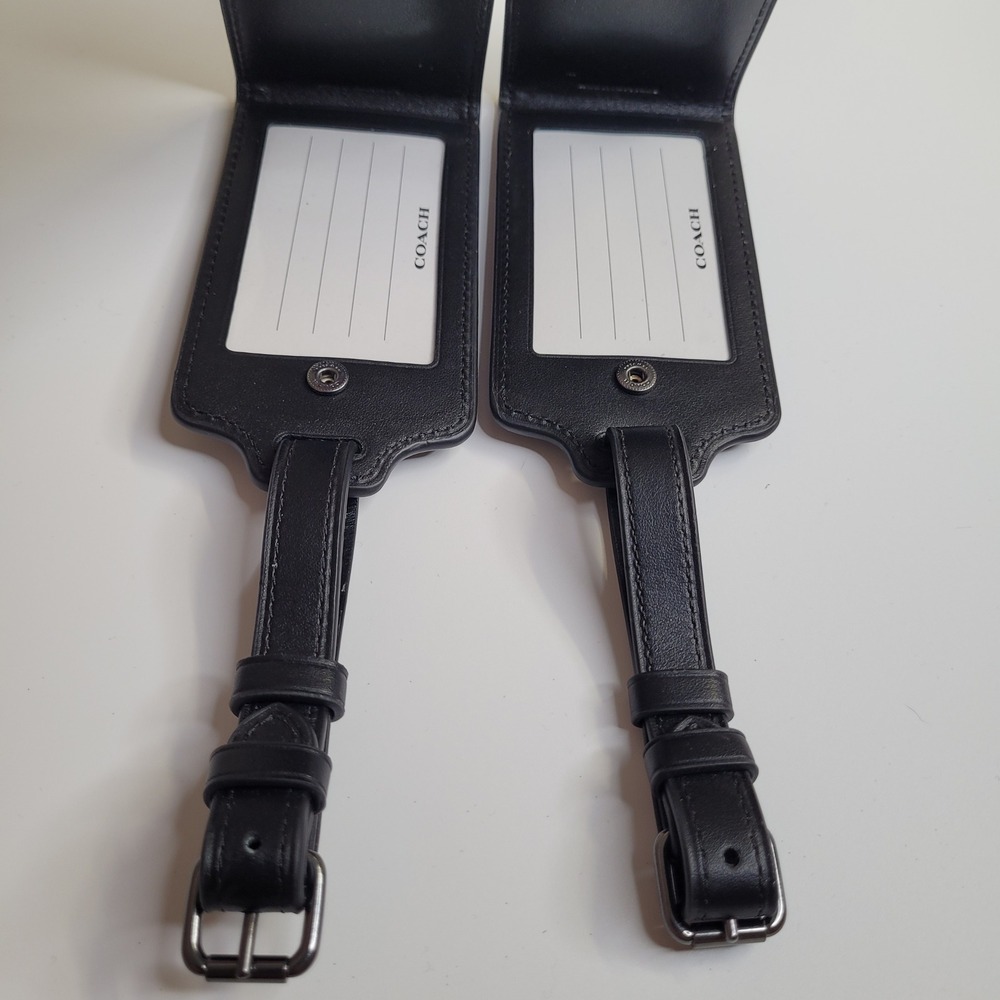 Coach Signature Canvas Luggage Tags Set of 2 Charcoal Black Leather Travel ID - Picture 4 of 9